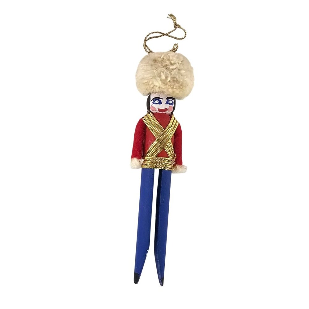 Clothespin Soldier Nutcracker Ornament Gold Accents Christmas Tree Folk Art